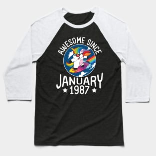 Unicorn Surfing Awesome Since January 1987 Happy Birthday 34 Years Old To Me Dad Mom Son Daughter Baseball T-Shirt